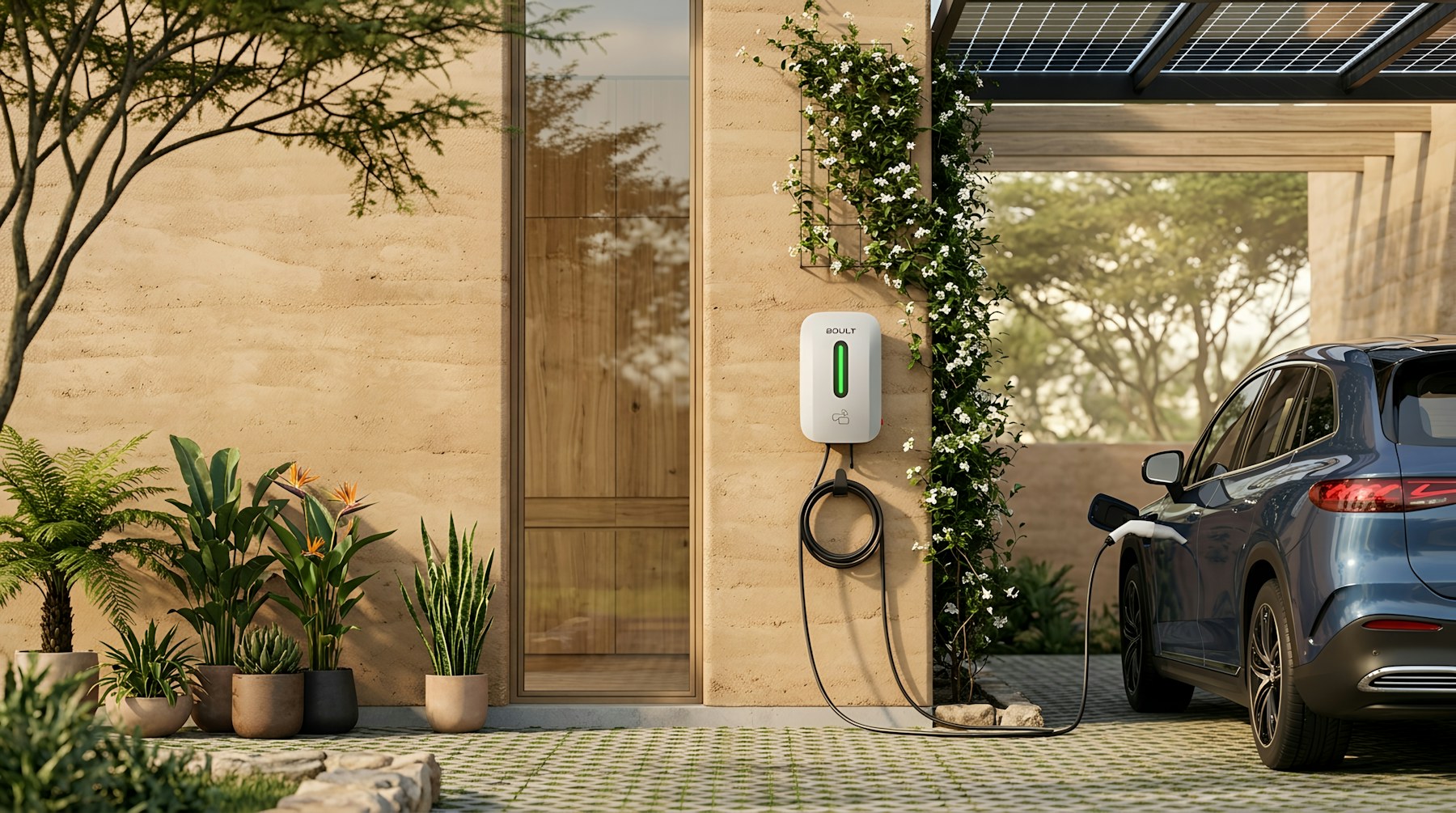 Vehículo eléctrico cargando en una vivienda con paneles solares